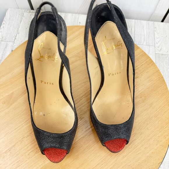 Christian Louboutin Lady Peep Glitter Platform Slingback Pumps Black Red 37.5 - Picture 6 of 16